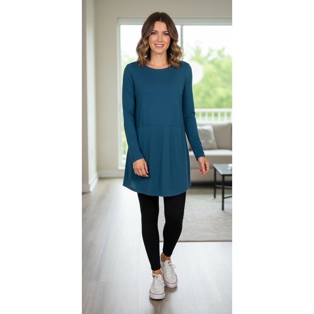 J. Jill Long Sleeve Tunic Dress Large Teal‎ Blue Knit Soft Stretch Casual Cozy